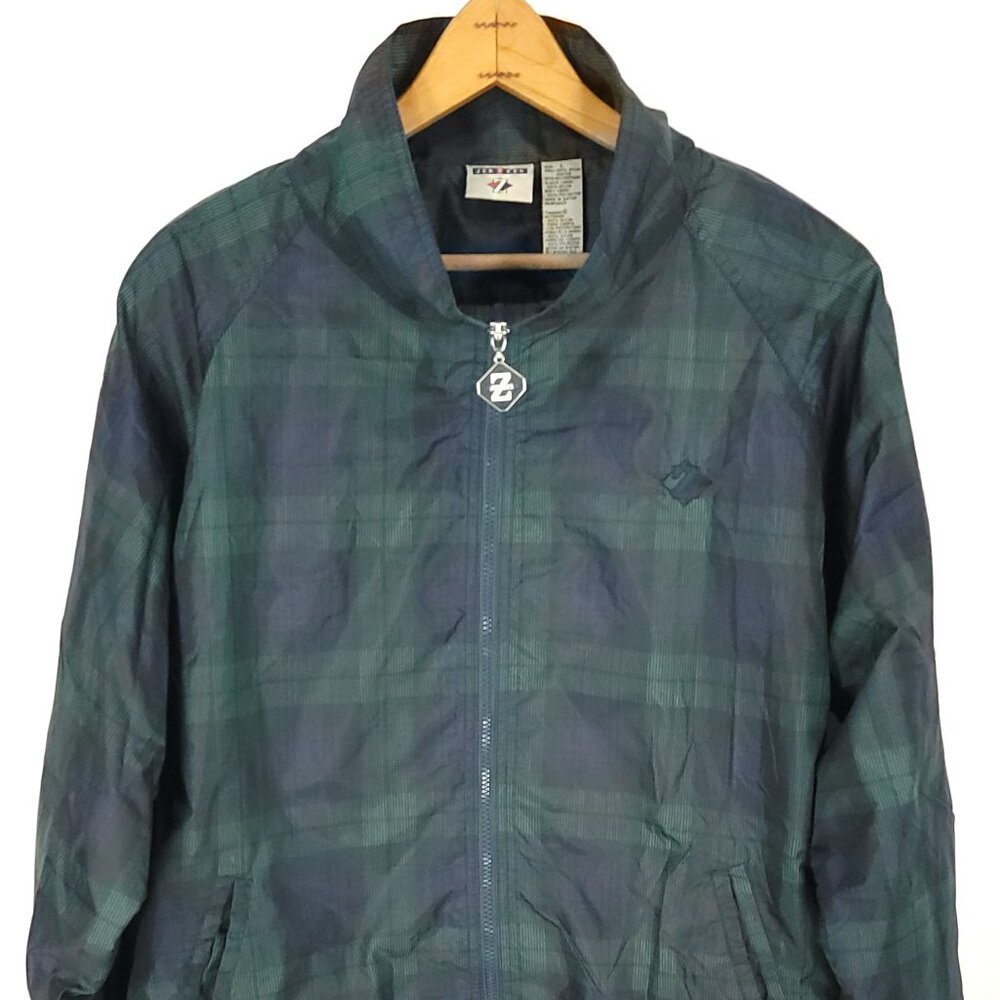 Vtg Jerzees Jacket Men's Large Black Navy Green Plaid Zip Front Mesh Lined
